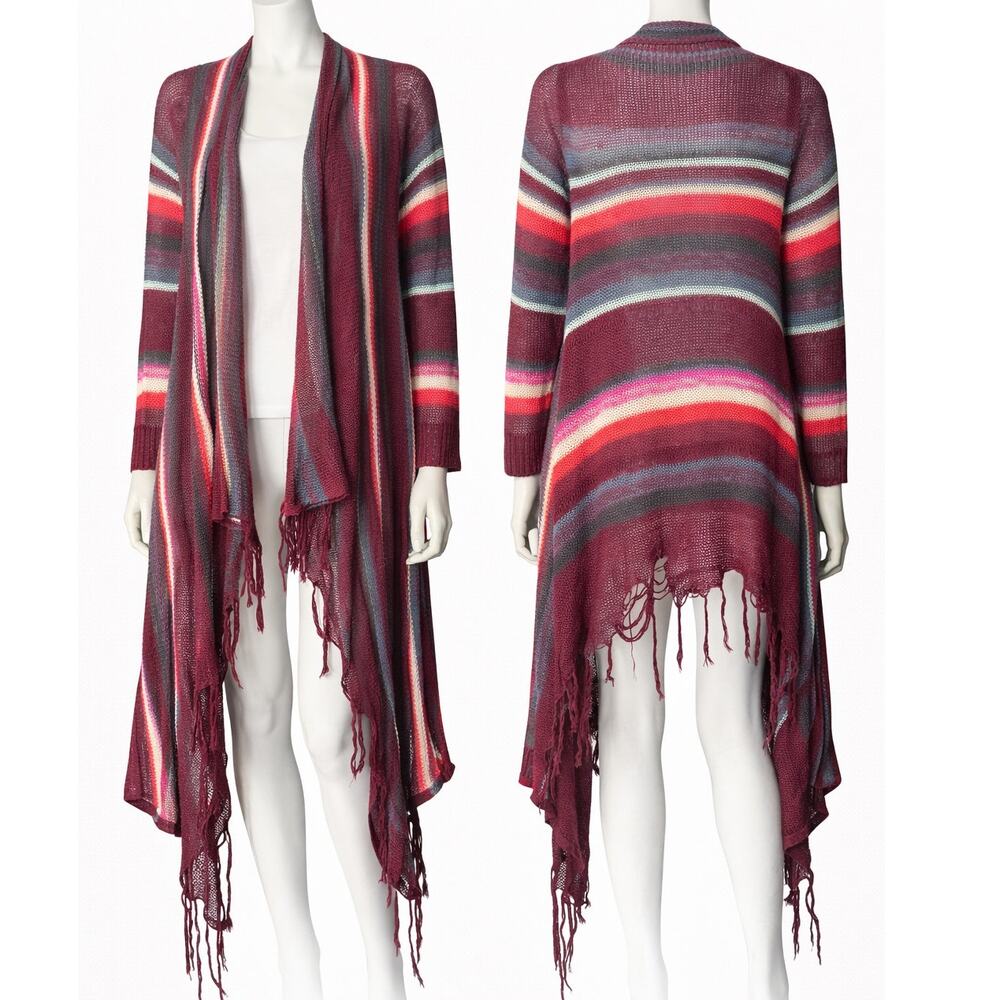 Billabong Striped Open Knit Cardigan Fringe Hem Boho Coverup Asymmetrical Large - Picture 1 of 5